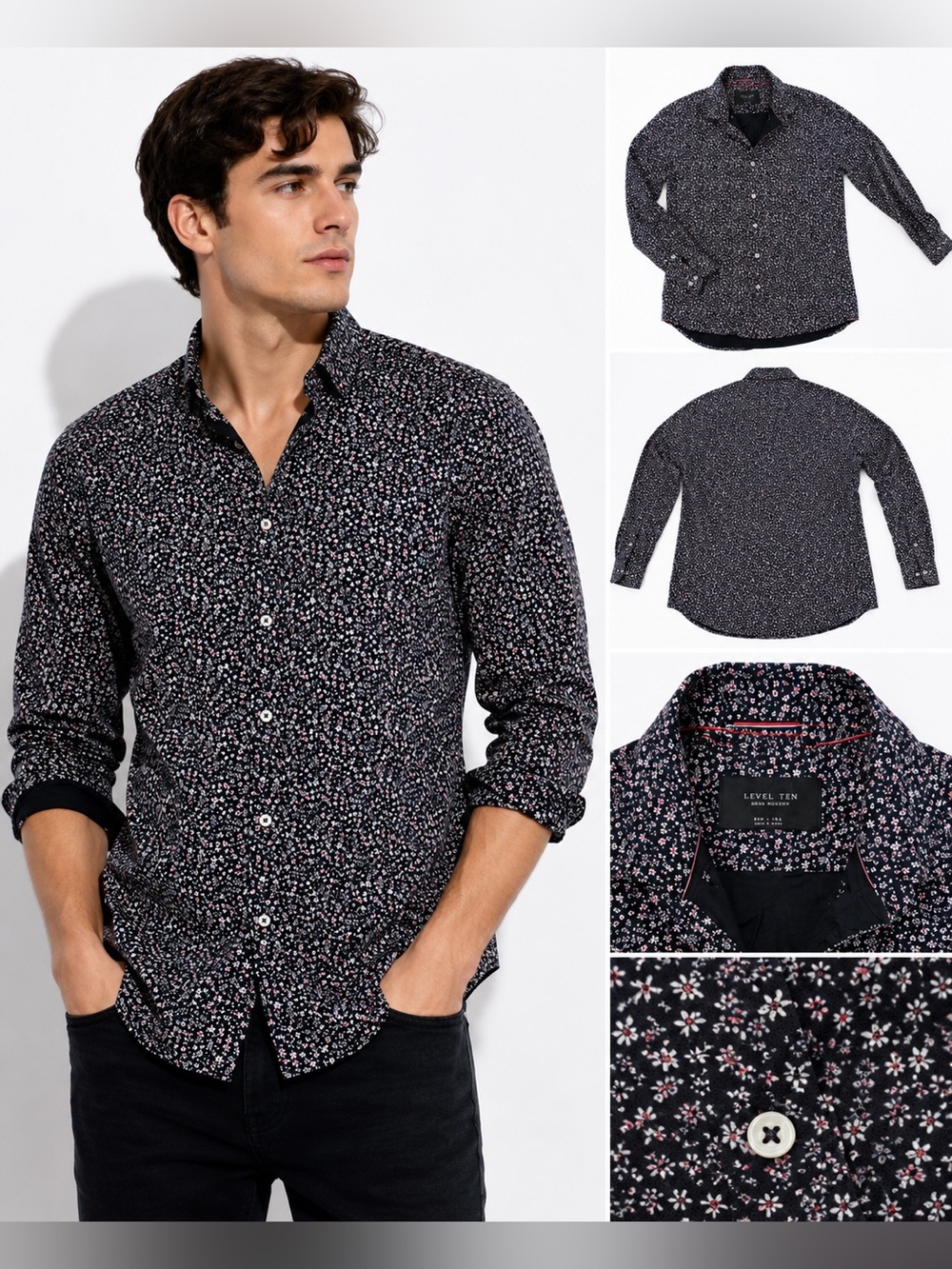 Level Ten Men’s Large Black Floral Button Down Long Sleeve Shirt Modern